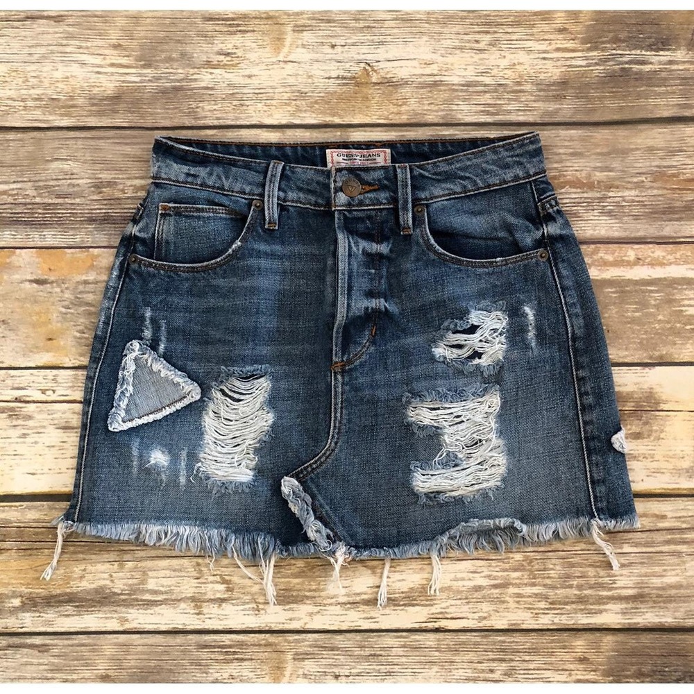 Vintage Guess Women's  Jean Mini Skirt Denim Distressed Frayed Size 25 Logo
